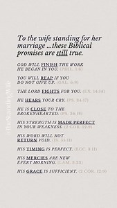 To the wife standing for her marriage ❤️ These aren’t just verses to feel better about. They are covenant promises. And they still apply no matter what your situation looks like. * * * * * #christianrelationshipquotes #TheStandingWife #marriagewife #marriedwife #wifelife #wifeadvice #wifequotes #wifehealing #wiferestoration #godlywife #godlywives #godlywoman #godlywomen #godlywifelife #godlywifequotes #godlywifetips #godlywiserwife #christianwife #christianwives #christianwoman #christianwomen #