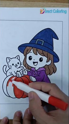 Witch Girl with Pumpkin and Cat Coloring | Halloween Coloring Pages #halloween #trending