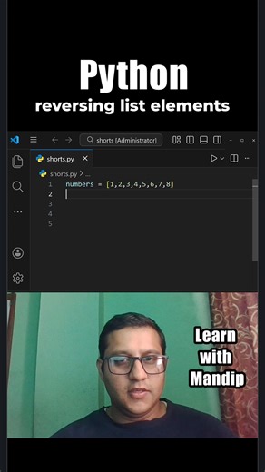 Mandip Dhakal on Instagram: "This Python trick will save you in coding interviews! 🐍🔥 Want to reverse a list WITHOUT using the .reverse() method? Use slicing with [::-1] ! This is a classic interview question where they specifically ask you NOT to use the built-in reverse() method. They want to see if you know Python's slicing tricks! 💡 The syntax [::-1] means: - Start from the beginning - Go to the end - Step backwards by -1 (that's the magic!) Result? Your list gets reversed instantly! ✨ Th