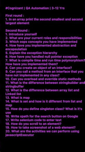 JAN 2026-Cognizant-Interview Questions asked for Automation QA JAVA | SDET/QA Automation.