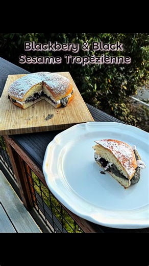 Blackberry & Black sesame Tropézienne. A brioche Cake sliced down the middle and filled with a fruit syrup and an assortment of ganaches. Appears to have been a polish dessert passed down through the family to a pâtissier who had settled in Saint Tropez. And this variation created using a brioche recipe in the cookbook “ pastry temple” by Christina wood is filled with a delicious Blackberry ganache and Black sesame ganache. #baking #brioche #tropezienne #recipe #cake