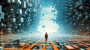 Businesswoman standing in front of a digital tunnel with binary code, Chaos and order merging in a cybernetic landscape, AI Generated