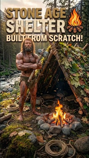 how to build a Stone Age Shelter from Scratch #survival #challenge #bushcraft #stoneage #shorts