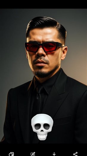 Timur Makhmudov | shaxsiy brend | reels | content creator | on Instagram: "Promt👇 A high-fashion, editorial-style portrait of a young man in a sleek, oversized black suit with broad shoulders and a black tie. He is wearing futuristic, angular red-tinted sunglasses and has slicked-back, glossy black hair. His expression is serious and confident, with a modern, edgy attitude. The lighting is dramatic, creating sharp contrasts and a subtle halo effect around his hair.same hair. The background is m