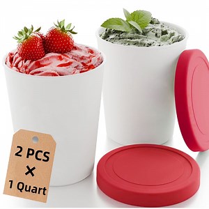 Ice Cream Containers (2 Pack - 1 QUAT Each) Reusable Freezer Storage Tubs with Lids for Ice Cream, Sorbet and Gelato