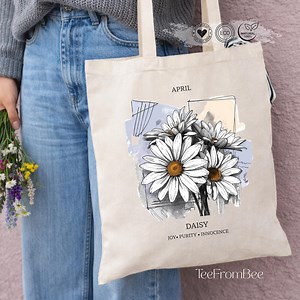 Sac fourre-tout fleur de naissance d'avril, fourre-tout en toile illustration botanique marguerite, cadeau d'anniversaire - Etsy France