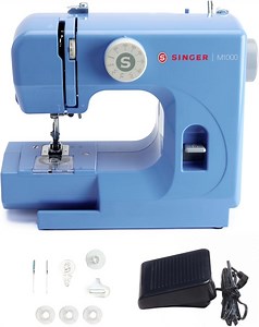 SINGER M1000 Lightweight & Portable Sewing Machine With 32 Stitch Applications, LED Light & Top drop-in bobbin for Hems | Great for Mending - Blue