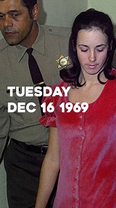 Tuesday, December 16, 1969. Susan Atkins, 21, pleads not guilty in Superior Court to seven counts of murder and one count of conspiracy in the Tate and LaBianca cases. Speaking softly into a courtroom microphone, Atkins confirms her name and waives her right to a trial within 60 days as she enters her plea before Judge William B. Keene, who sets trial for February 9. Dressed in a pink velvet dress with her long hair pulled back, Atkins stands accused alongside Charles Manson, Charles “Tex” Watso