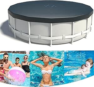 12 FT Pool Cover Round, Above Ground Frame Pools Cover 12 Ft Round, with Drain Holes and Tie-Down Ropes, for PVC Pool Covers, and Other Above Ground Swimming Pools, Black (Cover Only)