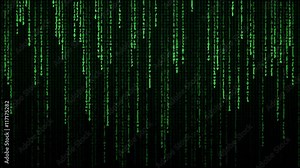 Random labyrinth characters falling down (code rain): a popular sci-fi movie effect; a symbol of obscure technology; computer source code, hacking, AI takeover.