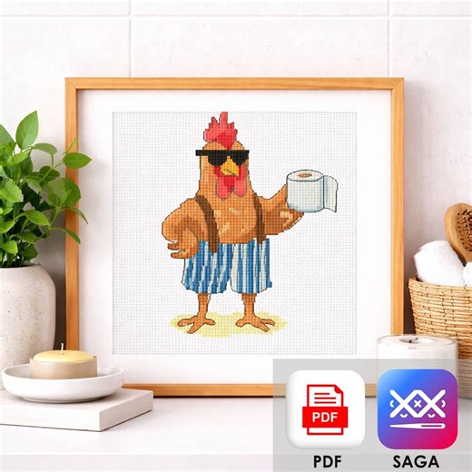 Funny Rooster Cross Stitch Pattern, Bathroom Humor Embroidery, Chicken With Toilet Paper Design, Quirky Animal Pattern PDF & SAGA - Etsy