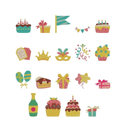 Birthday Party Embroidery Designs Bundle, Cakes, Gifts, Balloons (Digital Download)