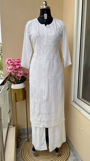 Premium Modal Kurti Plazo Set 💙 ✨ Elevate your wardrobe with this luxurious Modal set featuring pure Lucknowi, tone-to-tone chikankari handwork. Crafted for elegance and comfort, this ensemble is dyeable to suit your style. The set also comes with the option to add a matching chiffon dupatta for an enhanced look. Kurti Details: Fabric: Dyeable Premium Modal Handwork: Intricate Lucknowi chikankari Length: 45-46 inches Sizes Available: 34, 36, 38, 40, 42, 44, 46, 48 Bottom Details: Fabric: Dyeabl