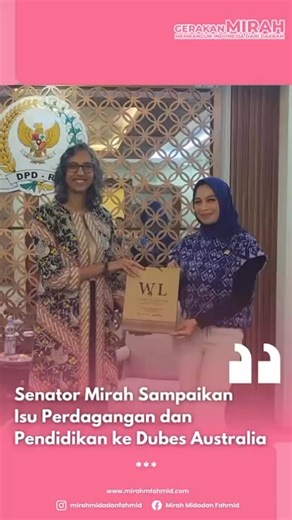 Mirah Midadan Fahmid on Instagram: "Beberapa waktu lalu saya memimpin Rapat Kerja Badan Kerja Sama Parlemen (BKSP) DPD RI bersama Duta Besar Australia, dengan fokus memperkuat kerja sama subnasional Indonesia–Australia di bidang pendidikan, ekonomi, budaya, dan pembangunan daerah. Dalam forum tersebut, saya menegaskan bahwa hubungan Indonesia–Australia telah berada pada level Comprehensive Strategic Partnership sejak 2018 dan diperkuat melalui Rencana Aksi 2025–2029. Pendidikan menjadi jangkar u