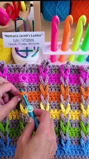 Naztazia on Instagram: "The jacob's ladder crochet pattern creates braids in your work and is easy to make using double crochet stitches along with chain 10 loops that you connect together. #crochet #knittersofinstagram #braids #jacobsladder #tutorial #yarnlove #wool #diy #howto #artgallery #colorful #naztazia #reels"