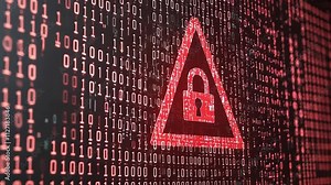 Red alert warning sign with a padlock on a binary code background. Cybersecurity, data breach, and digital risk concept.