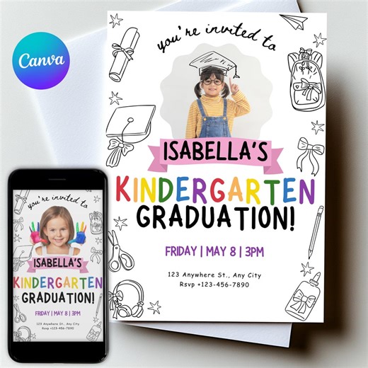 Kindergarten Graduation Invitation Template Colorful Grad Invite With Photo Frame, Editable Canva Kids Graduation Party Invite - Etsy