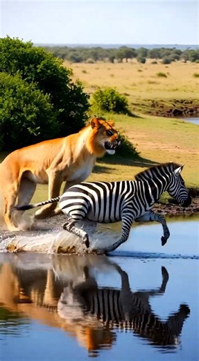 Lion Attacks Zebra at River Crossing #wildlife #wildlifedocumentary #lion #zebra #lionattack