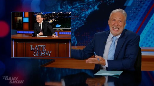 Jon Stewart praises Stephen Colbert's accomplishments in monologue.