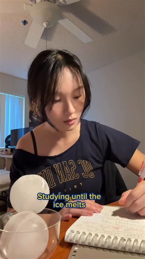 UC San Diego / UCSD on Instagram: "Mission accomplished.🧊📘❄️🥶🙇‍♂️ ID: A video featuring on-screen text that reads “Studying until the ice melts.” Sun God Social student intern, Angela, studies at a desk with a bowl of ice beside her, waiting for it to melt. She tries speeding up the process by blowing on it, using a lighter, a blow dryer, and even the microwave. #UCSD #UCSanDiego #College #Studying"