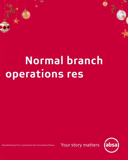 Our branches will be closed from Thursday, December 25th through Saturday, December 27th, 2025. We resume regular operations on December 28th, 2025. During this time, feel free to bank anytime via your Absa app, our ATMs will also be available. Wishing you a joyful holiday season from everyone at Absa! 🎉 #WeSeeYourStory #YourStoryMatters #merrychristmas | Absa Bank Kenya