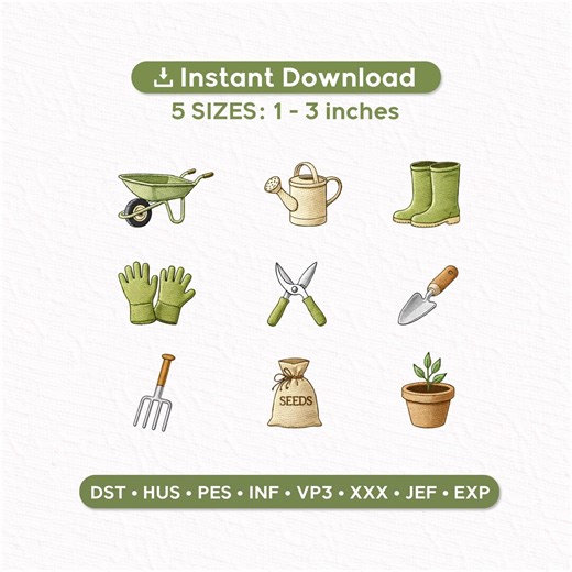 Garden Mini Embroidery Designs Set, 9 Gardening Icons, Boots Wheelbarrow Seeds, PES DST EXP Files, Instant Download - Etsy