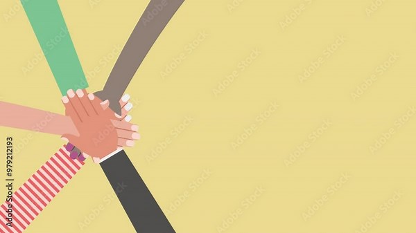 Animation of the hands of various ethnic groups put together. Concept of community, support, teamwork, social movement, friendship, 4K resolution