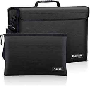 KeeQii Fireproof Document Bag Set, (17" x 12" x 5") Large Fireproof Safe Bag with Lock, (13.4” x 9.4”) Fireproof Money Bag with Zipper, Waterproof Safe Storage Pouch for File, Tablet, Cash, Valuables