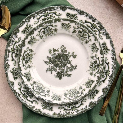 Porcelain Dinnerware Set Antique Green 27-piece | 6 Person Lux Floral Plates & Bowls - Etsy UK