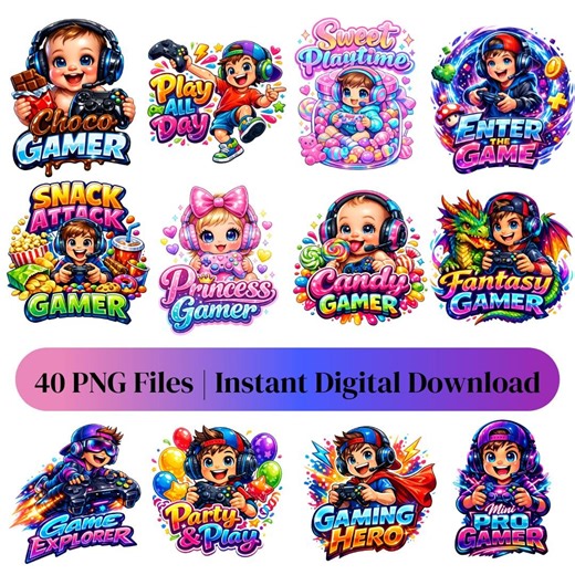 Kids Gamer PNG Bundle, Gaming Clipart, Cartoon Player Designs, Sublimation Download - Etsy