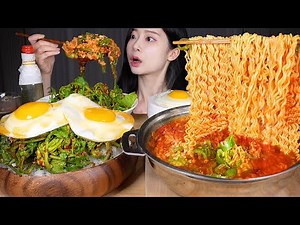 ASMR MUKBANG | Midnight Feast 🌙 Yeolmu Bibimbap & Spicy Hot Ramyun Noodles 🔥
