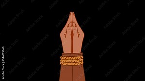 Tied human hands. Violence and oppression. A prisoner. Rope. Part of the body. Slavery. Cruelty. Captured and imprisoned. Inhuman. Illustration. Animation.