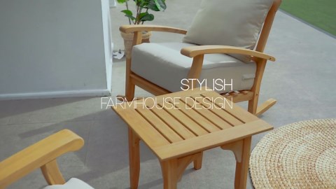 Cambridge Casual Torrey 3-Piece Weathered Teak Outdoor Rocking Chair Conversation Set with Blue Spruce Cushion 610527-TW-WT-SP-XX