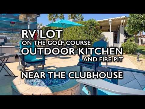 Luxury RV Lot 223 at Outdoor Resort Indio - Outdoor Kitchen & Fire Pit with golf course view
