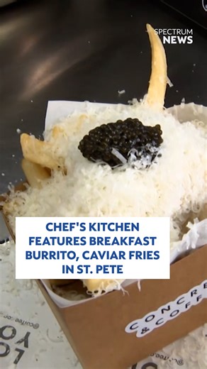 Spectrum Bay News 9 on Instagram: "CHEF'S KITCHEN: This week's Chef’s Kitchen features a breakfast burrito and caviar-topped fries with a mayonnaise-based sauce from Coffee Concrete in St. Pete. Chef Yauhen Yurhelevich of Coffee Concrete makes the Breakfast Burrito and Cacio e Pepe Fries with Black Osetra Caviar. Beach Burrito (with bacon) Ingredients: 1 (12") flour tortilla ½ cup sharp cheddar, shredded 1 crispy hash brown ½ cup scrambled eggs 2-3 slices bacon, cooked crisp, chopped 2 tbsp Pico