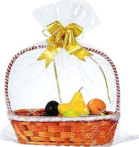 100-pack Large Cellophane Bags 24 x 30 Inches Clear Cellophane Basket Gift Bags Extra-large 2.3 Mil Transparent Cello Bags for Fruit Basket, Gift Wrap, Treats, Arts and Crafts, 100ct Ribbon Bows Yellow