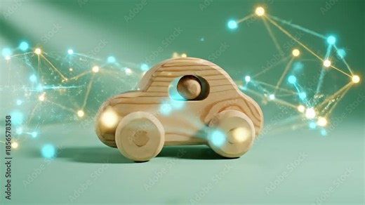 Conceptual representation of future automotive technology, featuring a simple wooden car connected to a glowing digital network of data and light