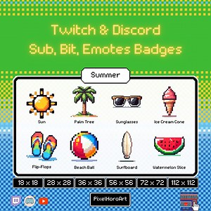 Cute Summer Theme Pixel Art Style Sub, Bid, Emotes Badge for Twitch and Discord PNG Files With Extra SVG Files Total 56 Files - Etsy
