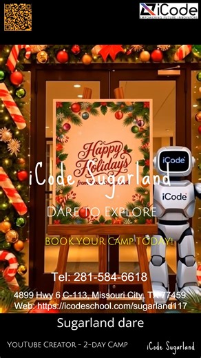 iCode Sugarland on Instagram: "🎥 Launch Their Creator Journey This Winter Break! In our 2-day YouTube Creator camp, students learn camera skills, audio/video editing, and how to produce engaging content, just like real creators! 📅 12/29–12/30 ✨ Perfect for aspiring creators! Call 281-584-6618 or email sugarland117@icodeschool.com to reserve a spot today. - - - - - #YouTubeCamp #WinterBreakCamps #iCode #STEMKids #VideoEditing #KidsActivities #icode #icodesugarland #icodemissouricitytx #sugarlan