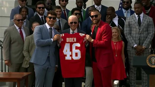 Patrick Mahomes and Travis Kelce give custom jersey to President Joe Biden at White House