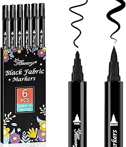 Black Fabric Markers 6 Pack - Dual Tip Fabric Markers for Clothes, Permanent Textile Paint Pens for Personalizing T-Shirts, Bags, Hats, Canvas