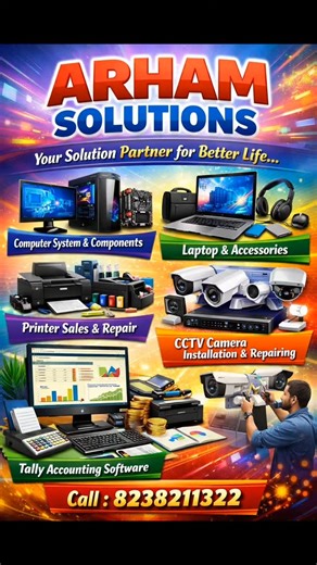 Amit Kothari on Instagram: "#technology #Solution #repairing #TallyPrimewithGST #CCTVSecurity 🖥️ Computer System & Components 💻 LAPTOP & ACCESSORIES 🖨️ Printer Sales & Repair 🌐 🛜 Networking 🎦 CCTV Camera Installation & Repair 📈 Tally * Busy * Miracle Accounting Software We repaired all kinds of Computer Systems, Laptop, Printer, CCTV Camera. Accounting Software Sales, Service & Support Call for Best 🤝 Deal ARHAM SOLUTIONS Your Solution Partner for Better Life... 📲8️⃣2️⃣3️⃣8️⃣2️⃣1️⃣1️⃣3️