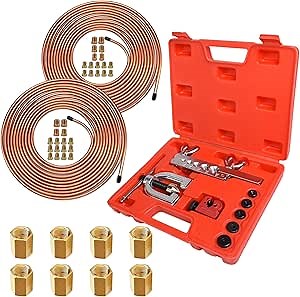 MuHize Dual-Size Brake Line & Flaring Tool Kit (3/16 + 1/4 Inch) - 25 Feet Copper-Coated Brake Tubing Set for Dodge Ram/Ford - Includes 32 Braking Fittings + 8 Unions