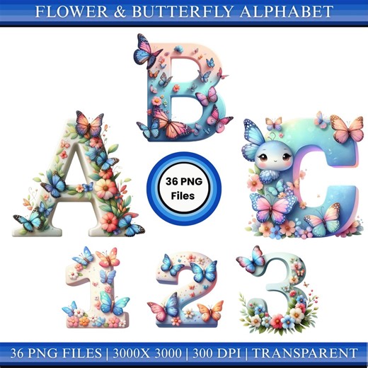 Floral Butterfly Letters A-Z Numbers 0-9 PNG | Alphabet Set for Kids Crafts - Etsy