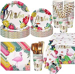 194 Pcs Hawaiian Tropical Luau Party Decorations Supplies 24 Guest Aloha Disposable Dinnerware Set Flamingo Tablecloths Paper Plate Cup Napkin Straw Fork Knives Spoon for Summer Birthday Beach