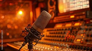 Behind the Scenes: Radio Broadcaster's Desk with Microphone and Broadcast Schedule. Concept Radio Studio Setup, Broadcast Equipment, On-Air Interviews, Live Broadcast, Podcast Production Stock Video