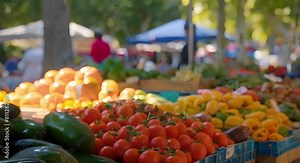 Vibrant farmers market in city center stalls brimming with fresh produce. Concept Farmers Market, Fresh Produce, City Center, Vibrant, Stall Displays