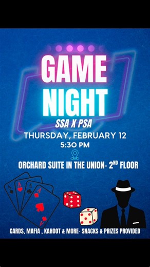 Sac State PSA on Instagram: "Game Night is TOMORROW 🎮♠️ SSA x PSA pulling up with cards, kahoot & mafia. Snacks + prizes + good energy only. 📍 Orchard Suite (Union 2nd Floor) 🕠 5:30 PM See you there 😌✨ #sacstatepsa #sacstate #pakistani #SSAxPSA"