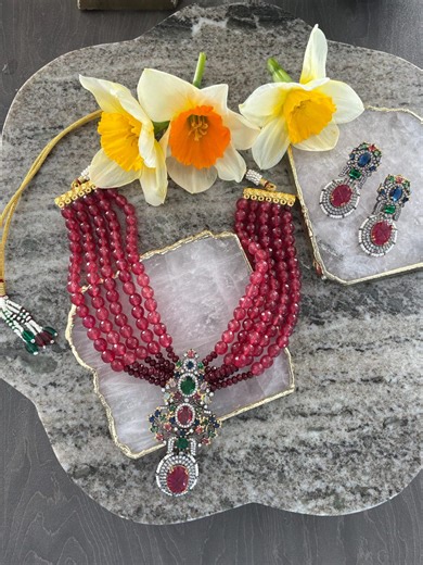 Statement Ruby Beaded Necklace Set With Multicolour Stones - Etsy