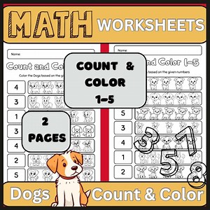 Dogs Counting, Count and Color Math Worksheets: Numbers 1-5 (PDF Download) - Etsy Canada